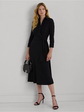Ralph Lauren Black Label Surplice Georgette Black Long Sleeve Midi Dress size 10